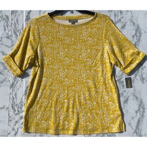 Style & Co Womens 1X Yellow Floral Print Essential Elbow Sleeve Tee Shirt